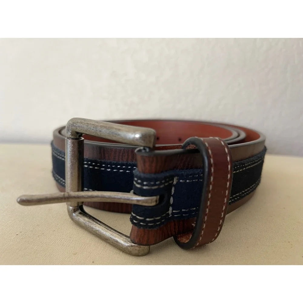 Johnston & Murphy Mens Leather Belt 44 Brown Suede Overlay Contrast Stitch Casua